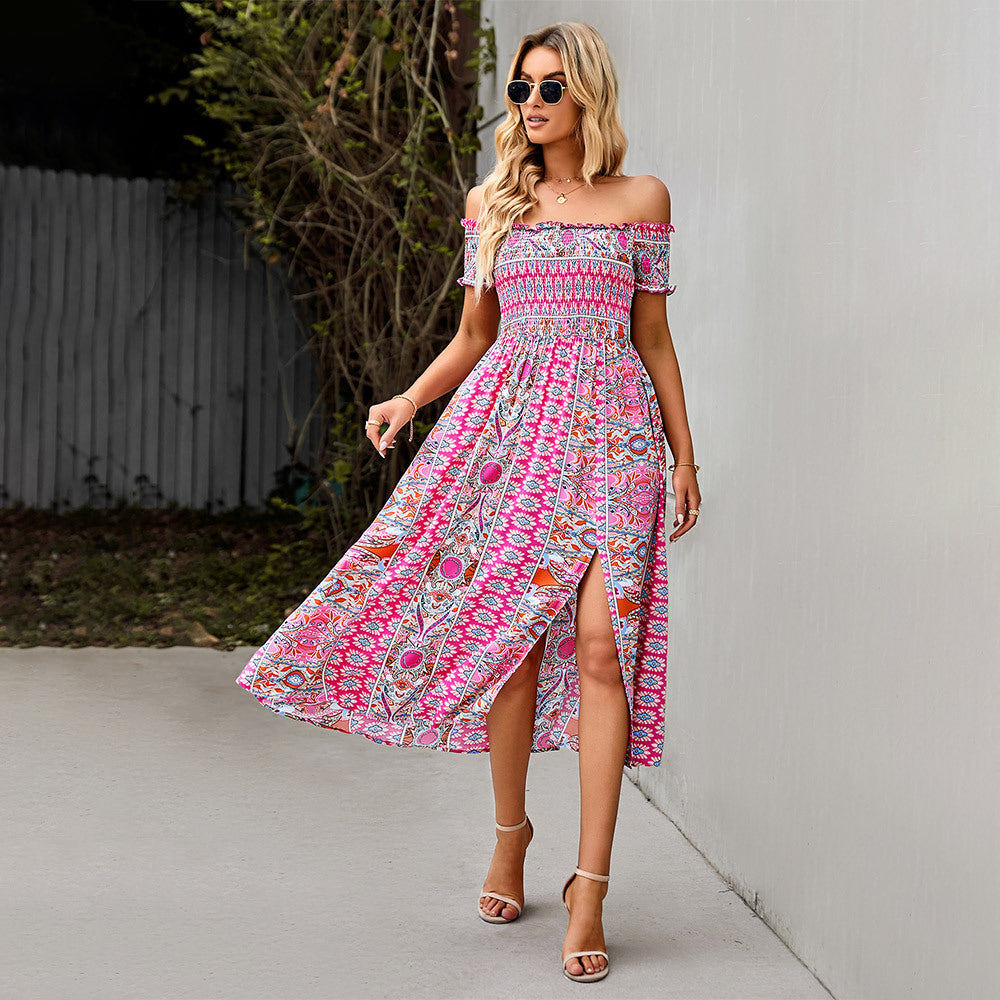 Buy Online Premimum Quality, Trendy and Highly Comfortable Floral Print Off Shoulder Split Long A Line Dress - FEYONAS