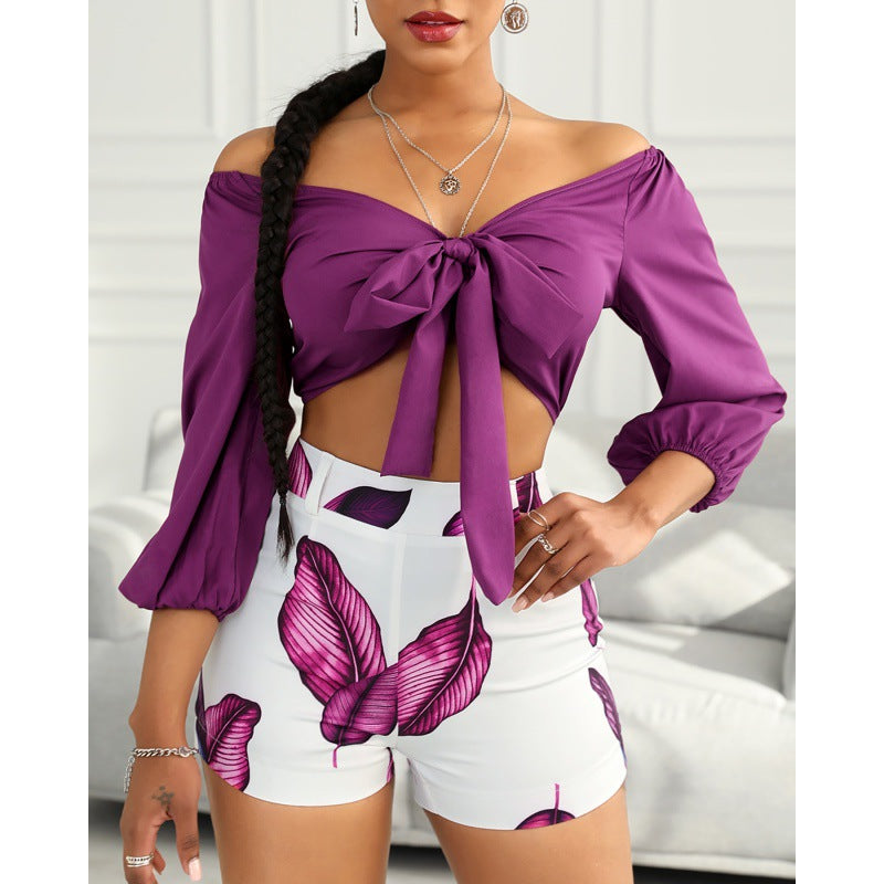 Buy Online Premimum Quality, Trendy and Highly Comfortable Off Shoulder Crop Top & Leaves Print Shorts - FEYONAS