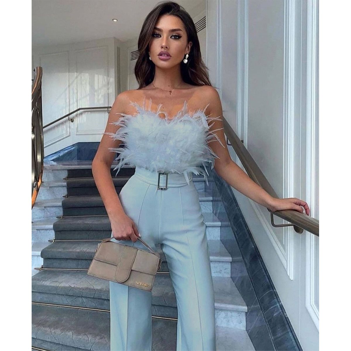 Buy Online Premimum Quality, Trendy and Highly Comfortable Feather Tube Top Fashion Jumpsuit - FEYONAS